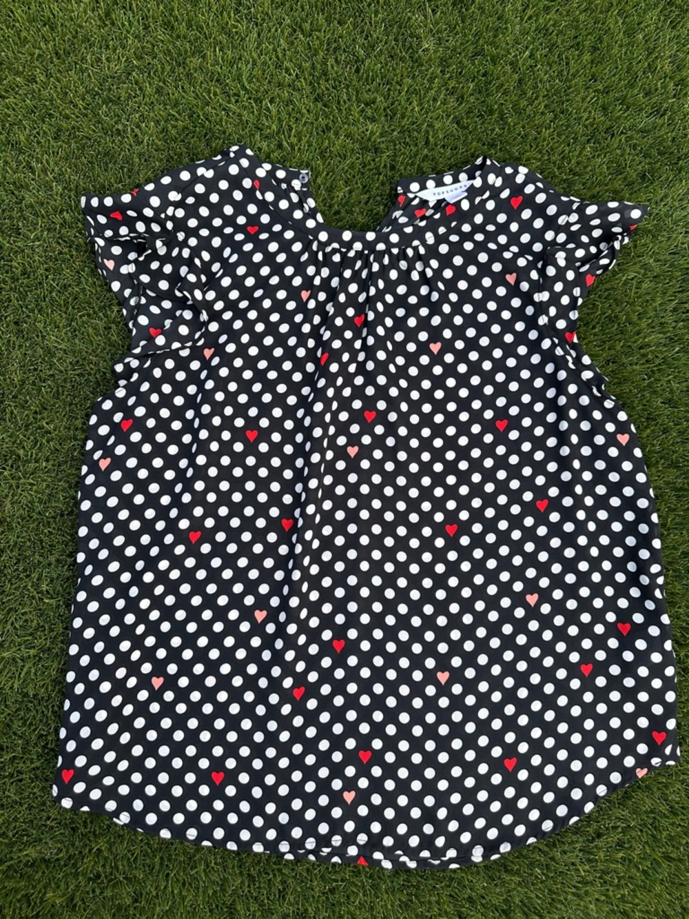 POPSUGAR Black Polka Dot Blouse with Red Hearts